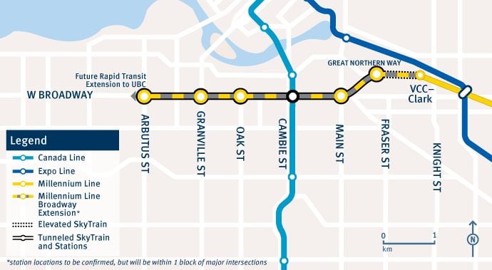 Vancouver SkyTrain Millennium Line extension map