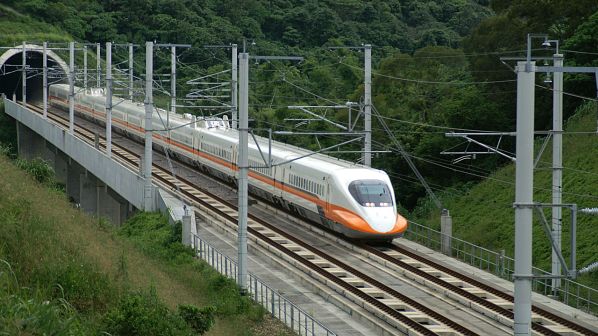 A Taiwanese high-speed train exits a tunnel